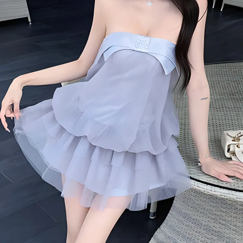 TURN UP Sleeveless Dress Women's Rain Blue+Bowknot Hair Tie Comes With-2