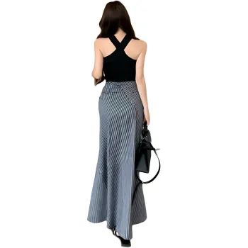 Garbege Two Piece Skirt Sets Women's Black Top Stripes Skirt Set