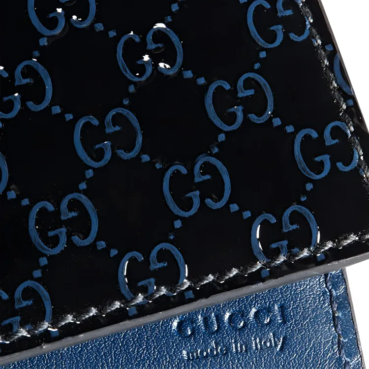 GUCCI Patent Leather Patchwork Leather Cropped Double Fold Wallet Men's Black/Blue-2