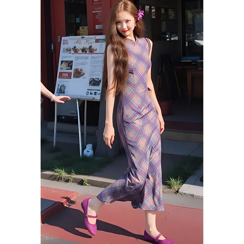 MDEHT Cheongsams Women's Purple Plaid Pattern-5