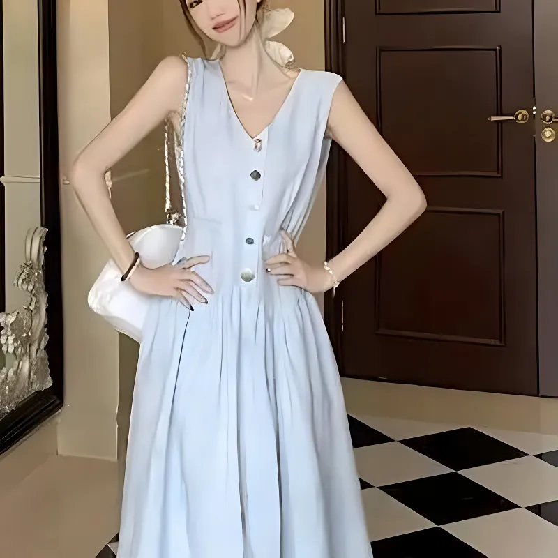 DOKZB Sleeveless Dresses Women's Light Blue-2