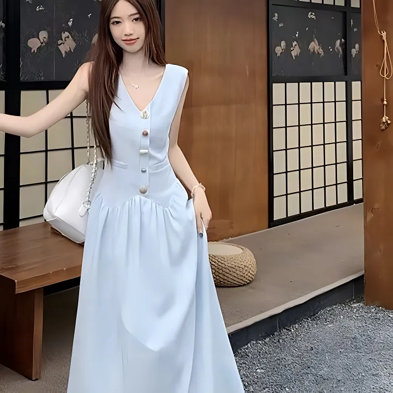 DOKZB Sleeveless Dresses Women's Light Blue-5