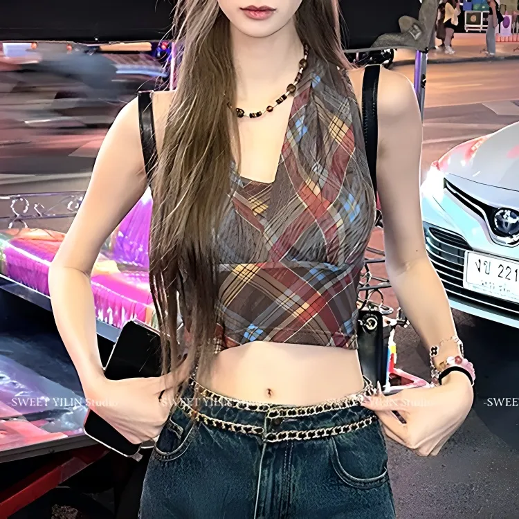 TORIGHT Camisole Women's Plaid+Bowknot Hair Tie Comes With-4