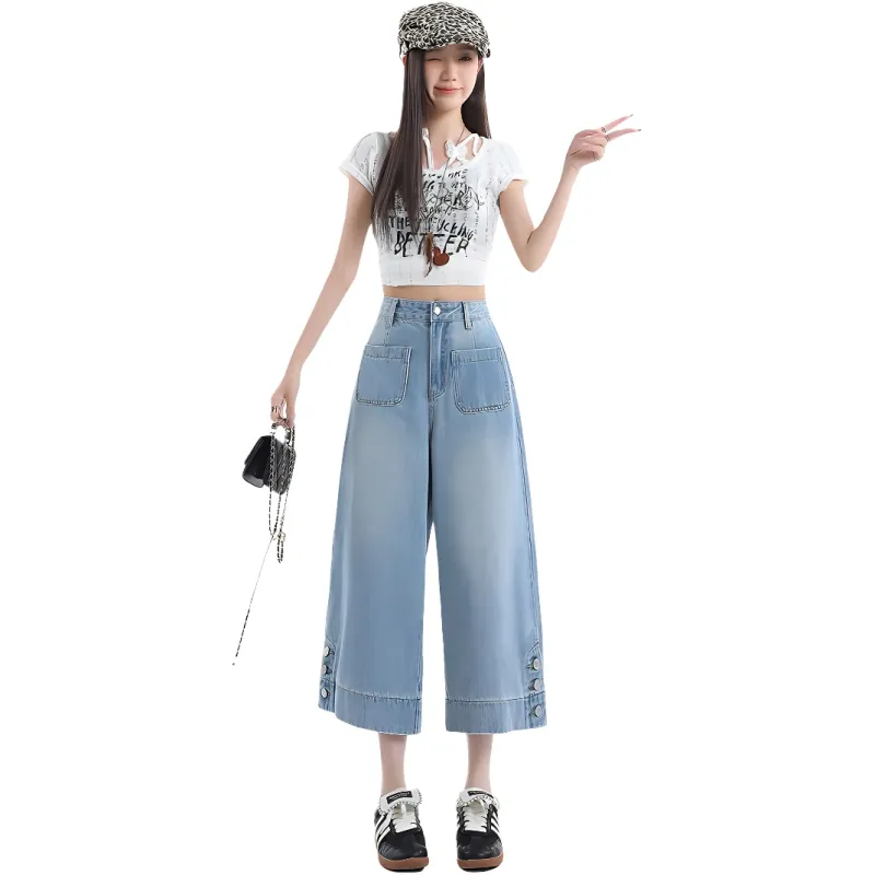 ORANDOR WEAR Jeans Women's Vintage Blue Cropped Pants-6