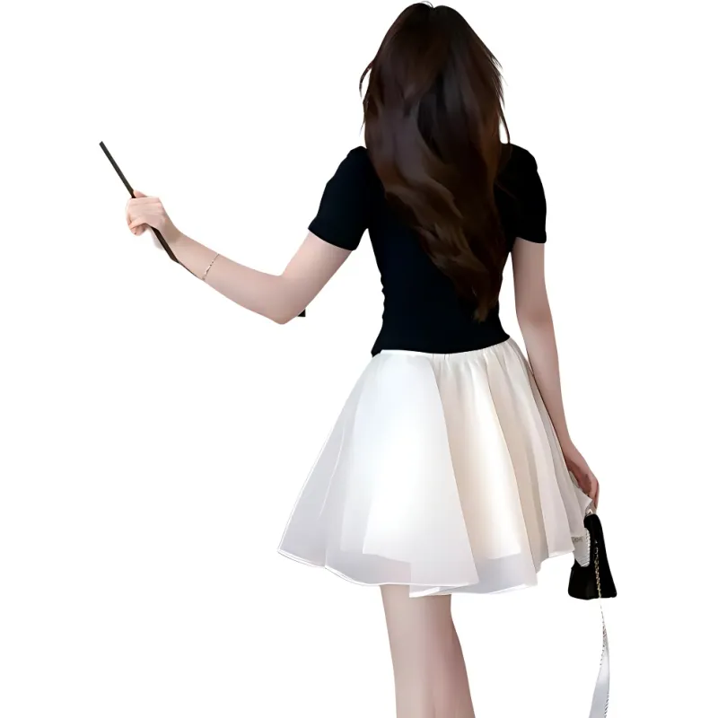 DGMZ Two Piece Skirt Sets Women's Black Top+White Skirt Set-0