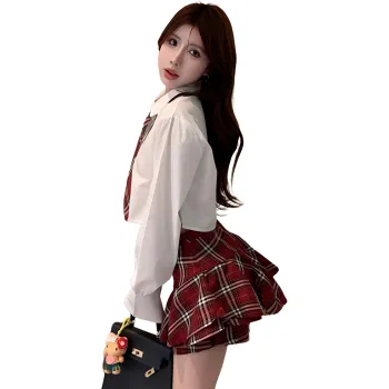 Garbege Uniform Women's Shirt Tie Chest Badge Checkered Skirt Set