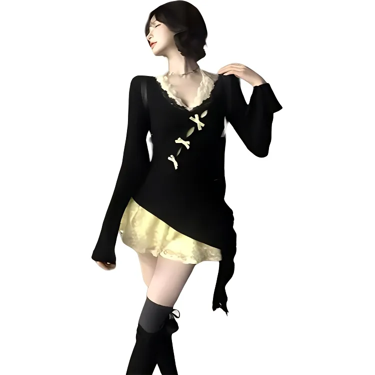 XIANSINIAO Two Piece Skirt Sets Women's Black Cover Up+Yellow Dress-1