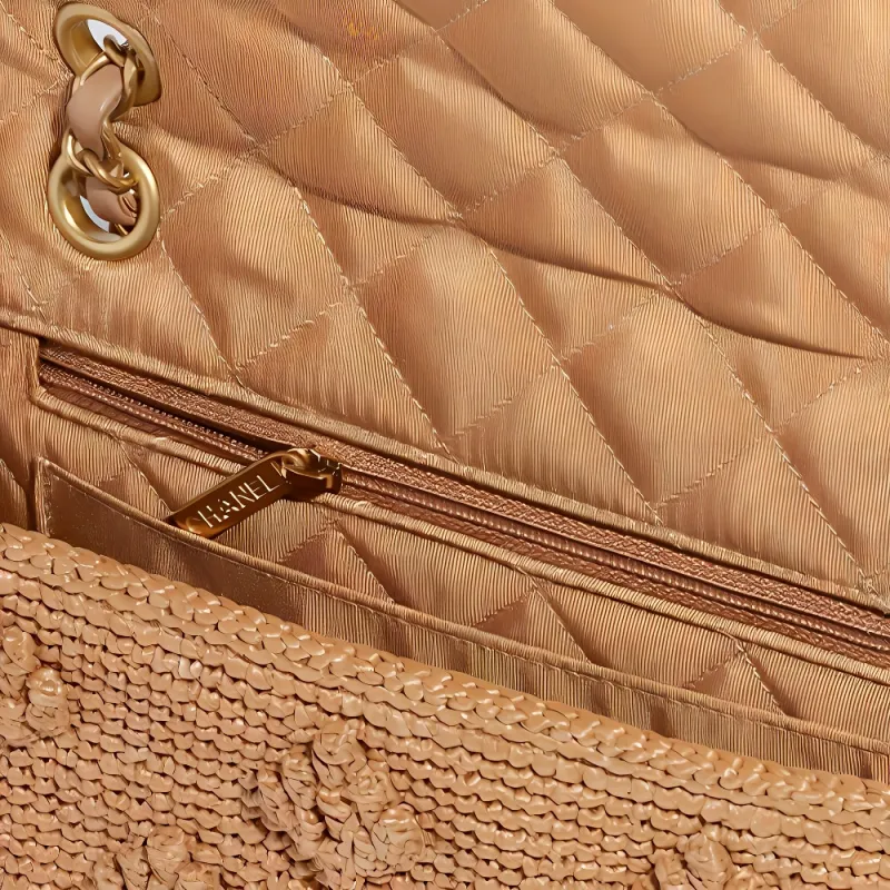 CHANEL Raffia Effect Woven & Gold Metal Leather Chain Shoulder Bag, Crossbody Bag Regular Women's Camel-2