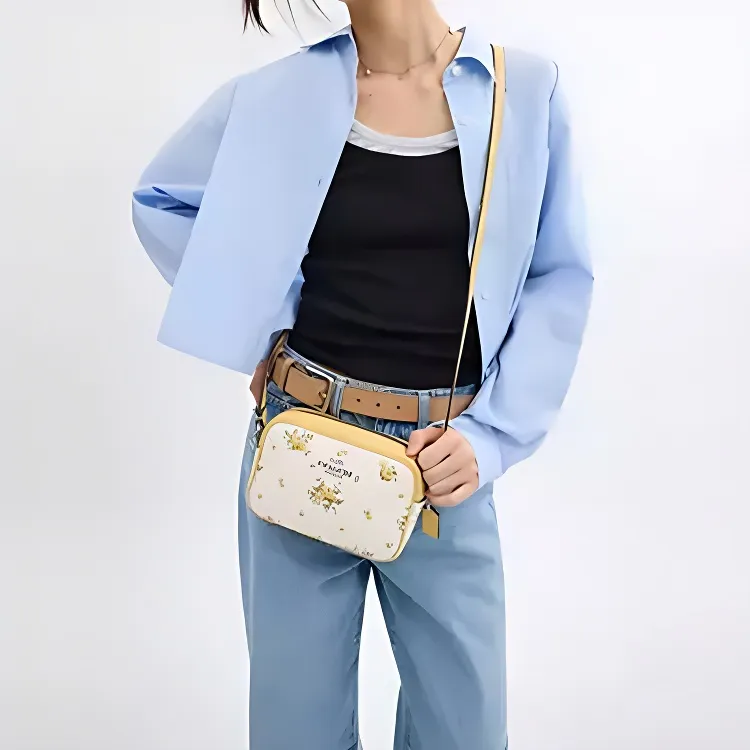 COACH Jamie Litchi Grain Leather Camera Bag, Shoulder Bag Mini Women's Yellow & White-4