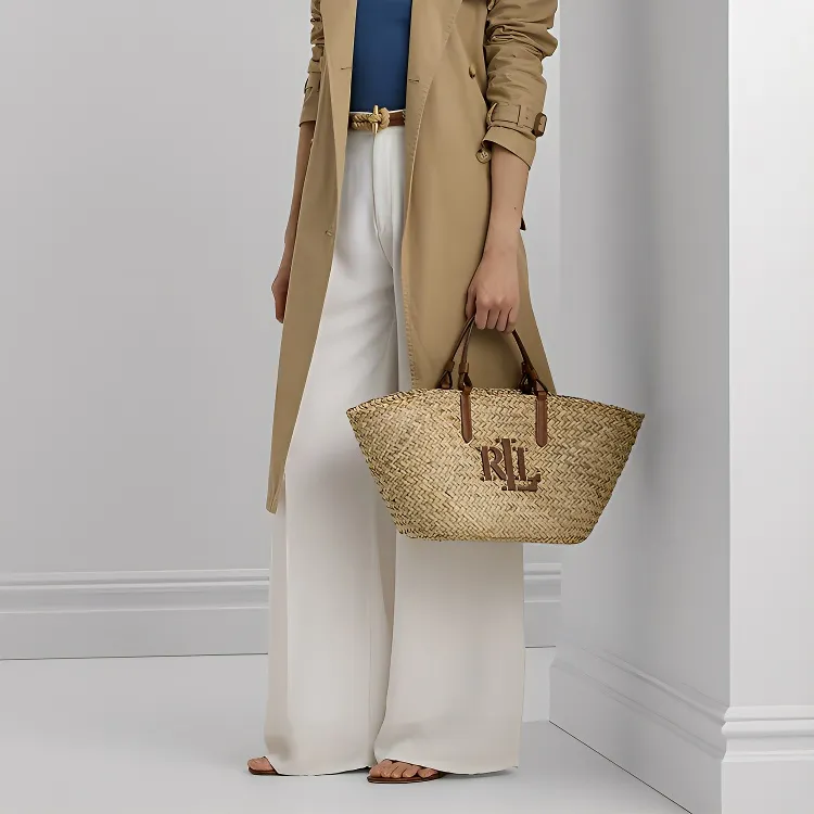 Ralph Lauren Straw Woven With Leather Trim Tote Bag Shopping Bag Handbag Medium Size Women's Natural Brown Yellow-4