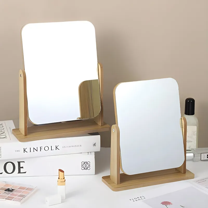 Evening Tang Wooden Vintage Desktop Portable Large Size Make Up Mirrors Rotatable Clear-3