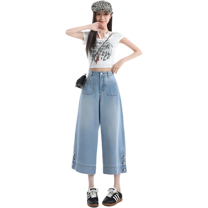 ORANDOR WEAR Jeans Women's Vintage Blue Cropped Pants-3
