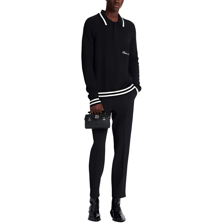 BALMAIN Logo Embroidered Long Sleeve Polo Shirt-1