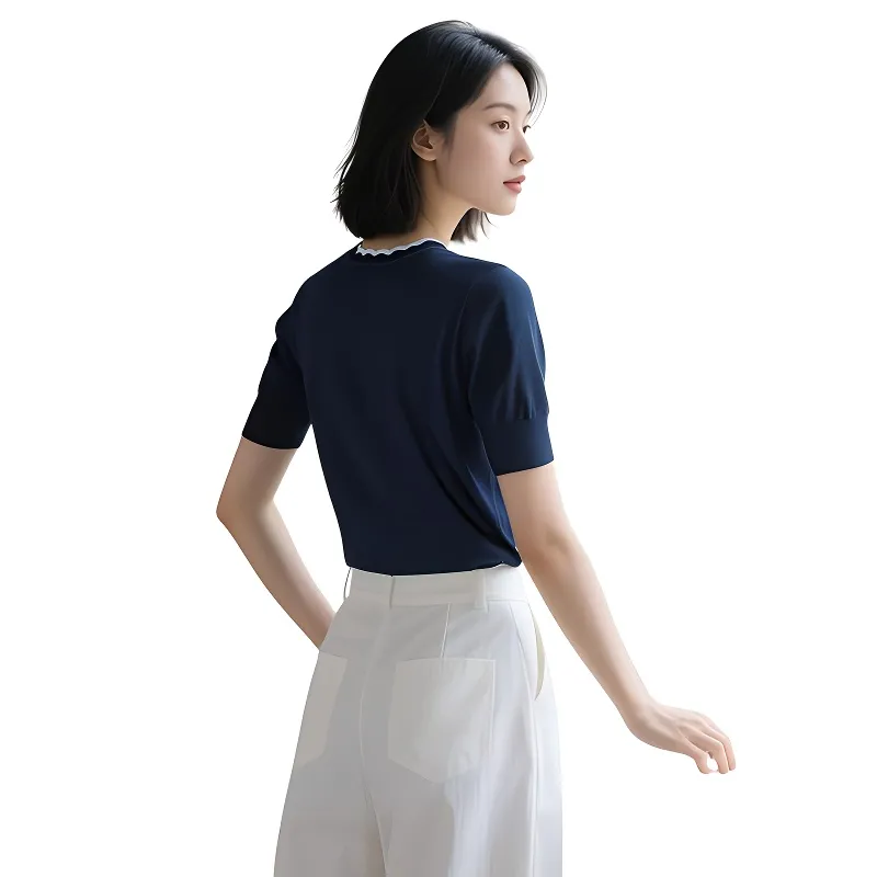 Late White Knitted Fabric Short Sleeved Women's Royal Blue-3