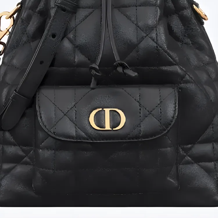 DIOR Caro Sheepskin Bucket Bag, One Shoulder Handbag Trumpets Women's Black-5