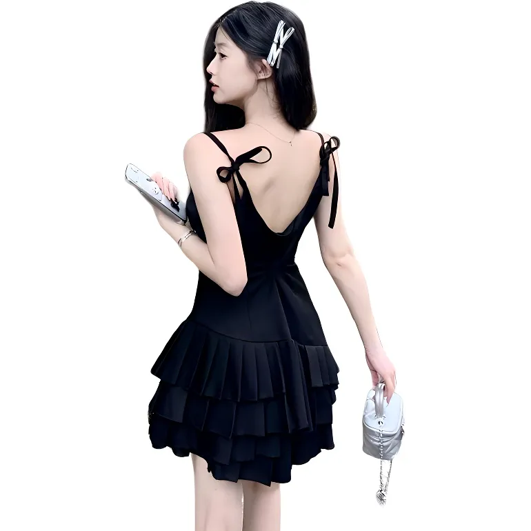 Dior Beauty Slip Dresses Women's Lace Up Backless Tiered Skirt-2