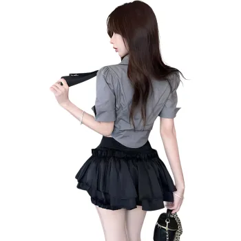 Garbege Uniform Women's Gray Shirt Tie Black Skirt Set