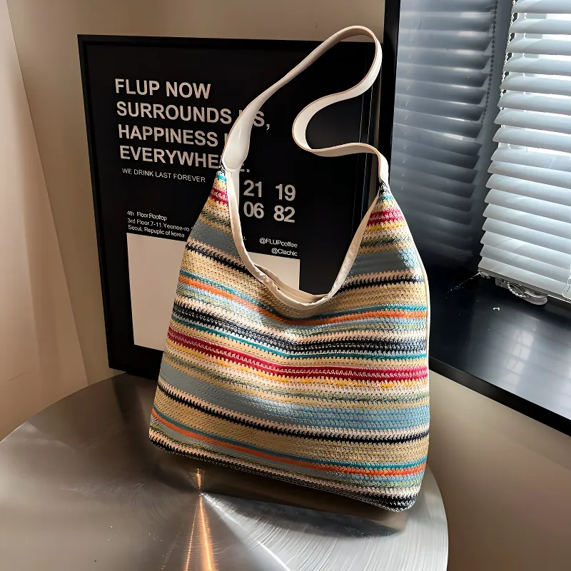 Yalu Straw Woven Shoulder Bag Women's White-3