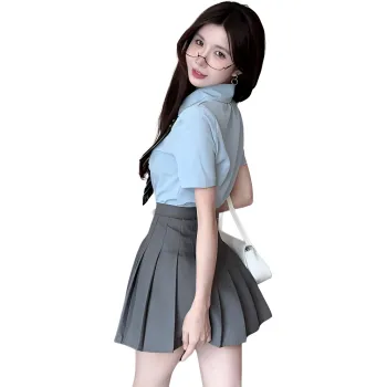 Garbege Uniform Women's Blue Shirt Tie Chest Badge Gray Skirt Set