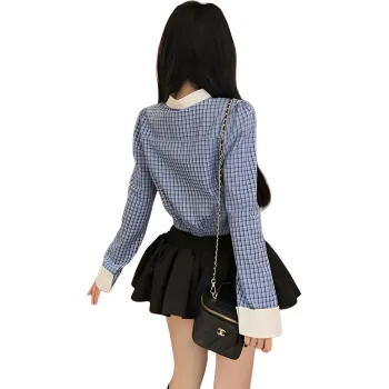 Garbege Set Women's Blue Plaid Shirt And Black Skirt Set