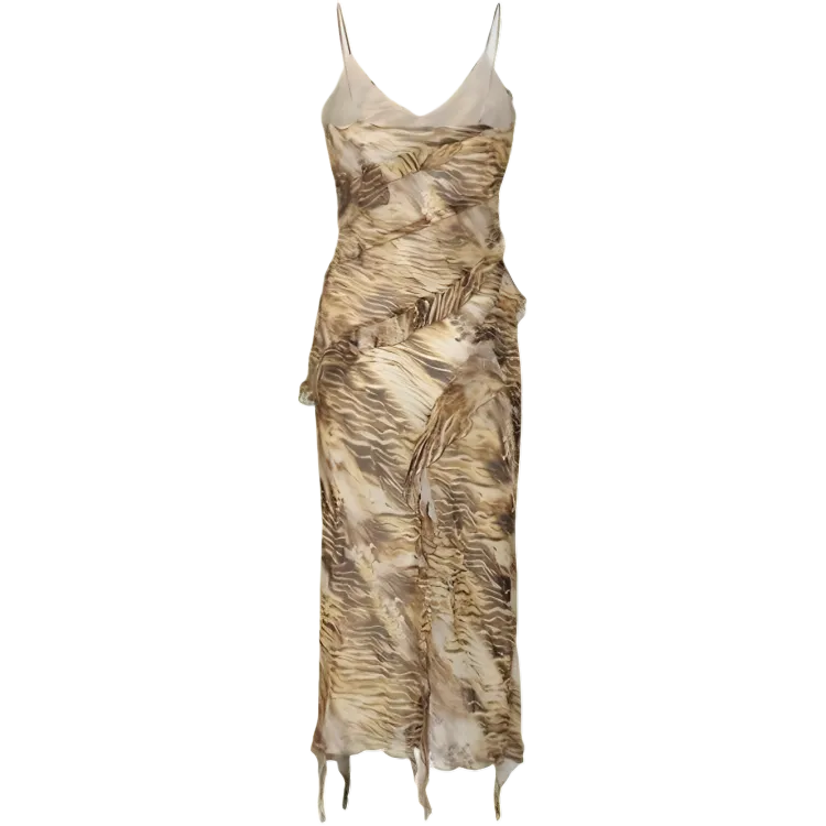 URBAN REVIVO Slip Dress Women's Khaki Brown Print-1