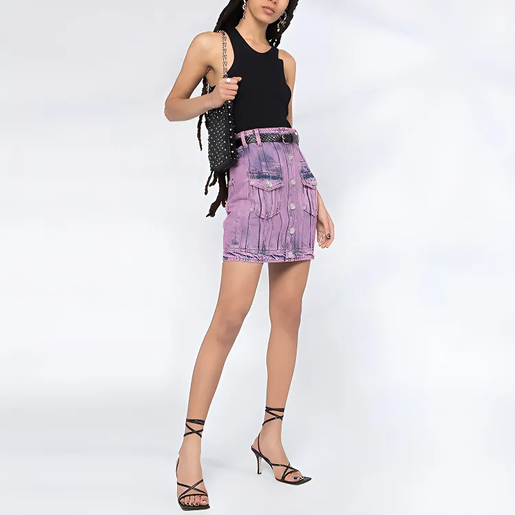 BALMAIN Denim Short Skirts Women's Purple Pink-3
