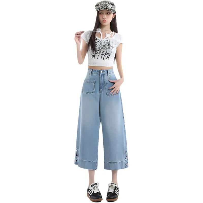 ORANDOR WEAR Jeans Women's Vintage Blue Cropped Pants-5
