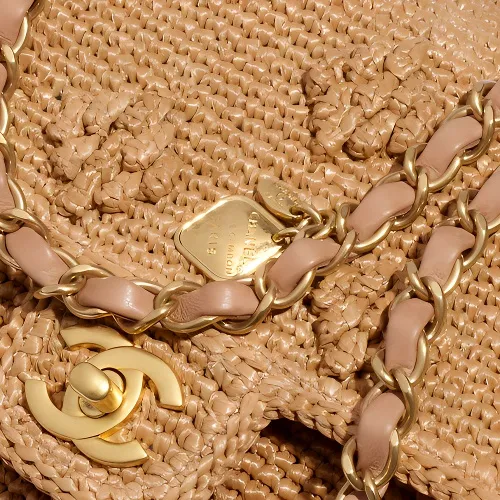 CHANEL Raffia Effect Woven & Gold Metal Leather Chain Shoulder Bag, Crossbody Bag Regular Women's Camel-3