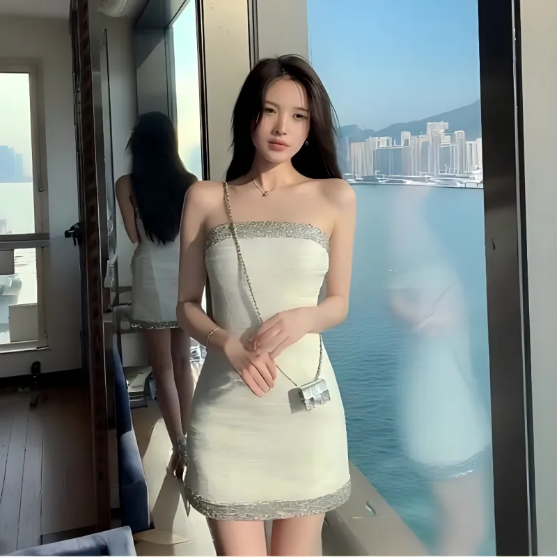 YAUH Sleeveless Dresses Women's White Strapless Top Chanel Inspired Dress-1