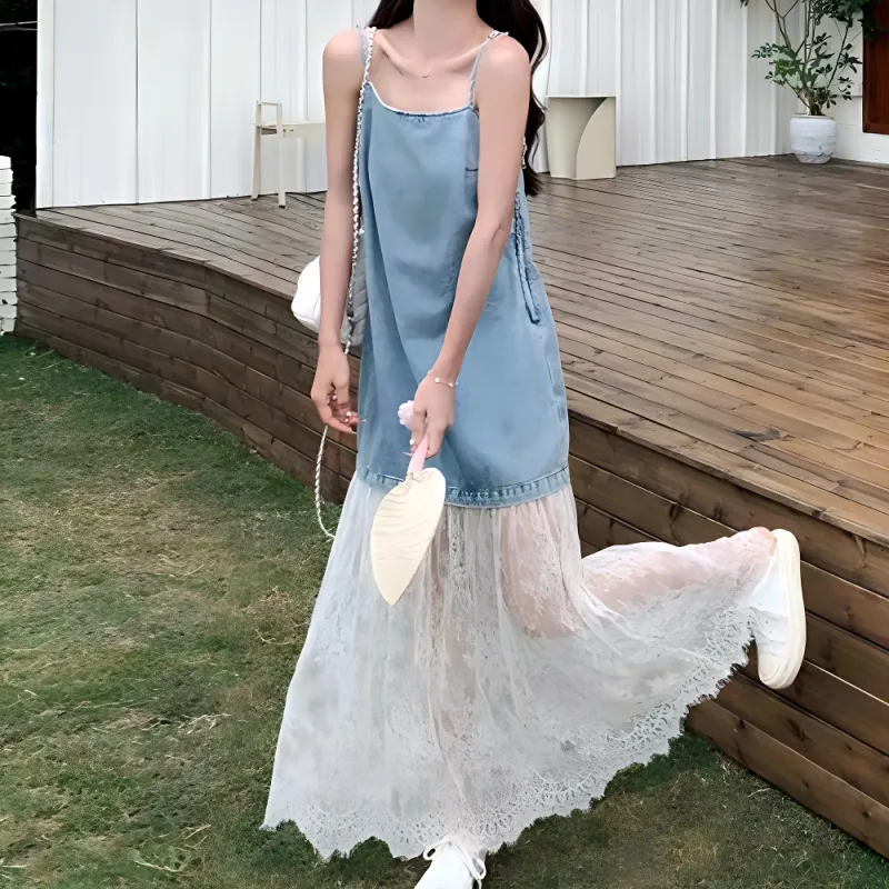 TURN UP Slip Dresses Women's Blue White+Bowknot Hair Tie Comes With-2