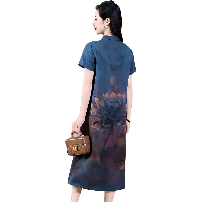 Yi Mengyuan Silk Short Sleeved Dress Women's Blue-0