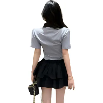 Garbege Skirt Set Women's Blue Shirt Cuff Black Skirt