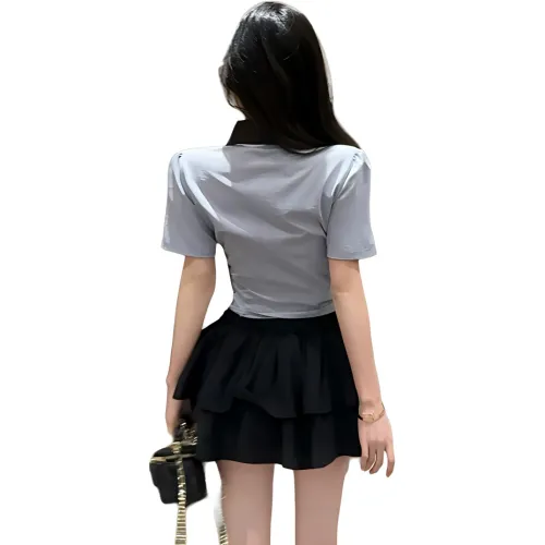 Garbege Skirt Set Women's Blue Shirt Cuff Black Skirt