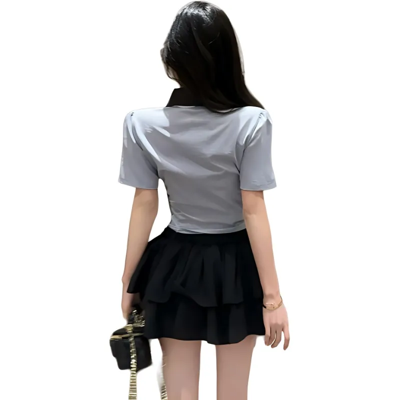 Garbege Skirt Set Women's Blue Shirt Cuff Black Skirt-0