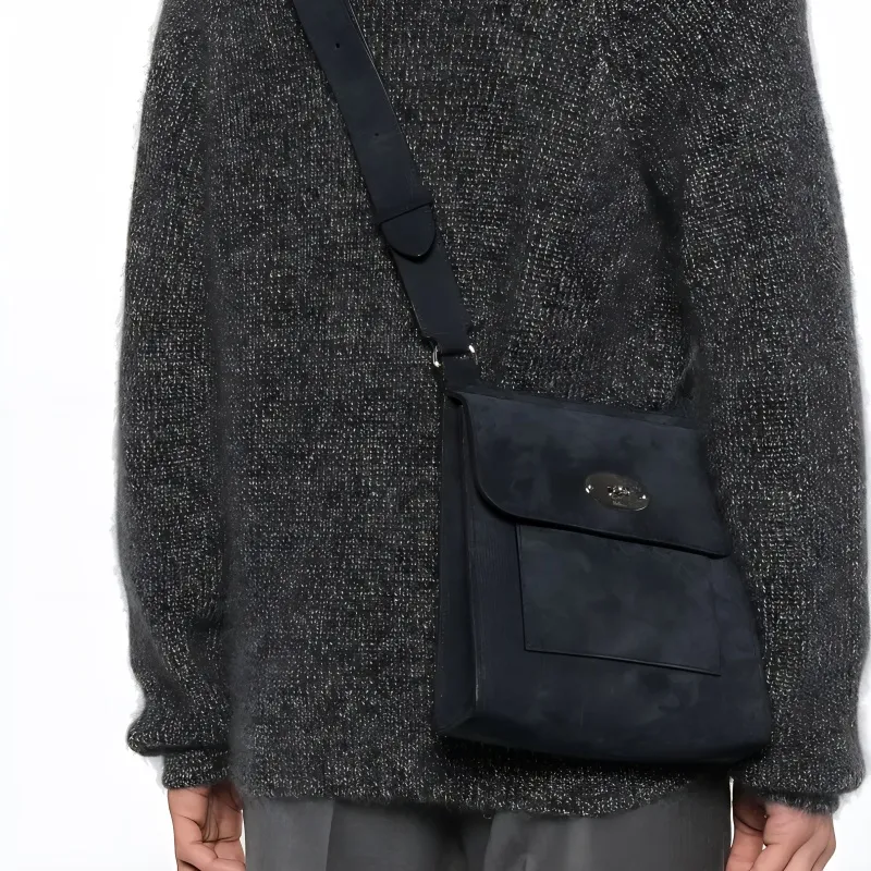 Mulberry Suede Fabric, Calfskin Shoulder Bag, Crossbody Bag Men's Midnight Blue-2