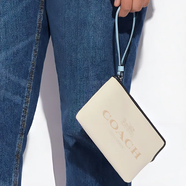 COACH Jacquard Fabric With Leather Coin Purse Wrist Bag Small Size Women's White-3