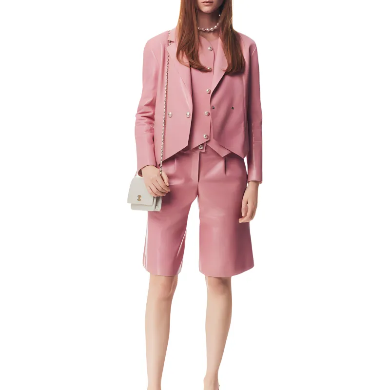 CHANEL 25P Leather Jacket Women's Light Pink Red-1