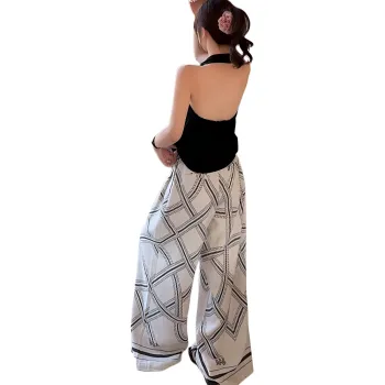 Garbege Casual Suit Women's Black Top And Checkered Pants Set