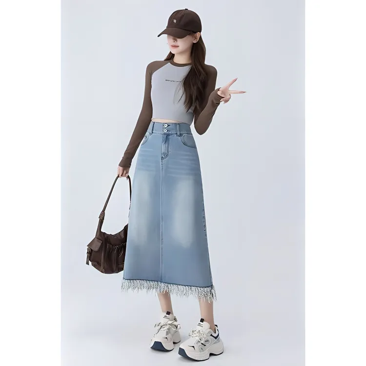 XIANSINIAO Denim Long Skirt Women's-5