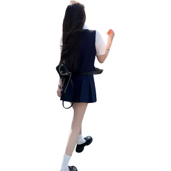 Garbege Two Piece Skirt Sets Women's White Top Navy Blue Dress