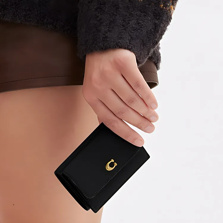 COACH Trifold Wallet Pebbled Leather Coin Purse Wallet Women's Black-5