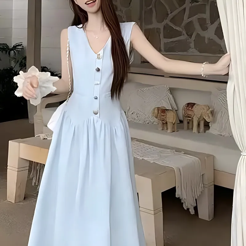 DOKZB Sleeveless Dresses Women's Light Blue-3