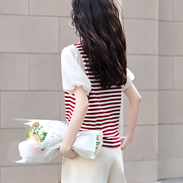 LUYOUYE Lantern Sleeve T Shirt Women's Dark Red-1