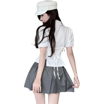DGMZ Uniform Women's White Shirt Bow Gray Skirt Set