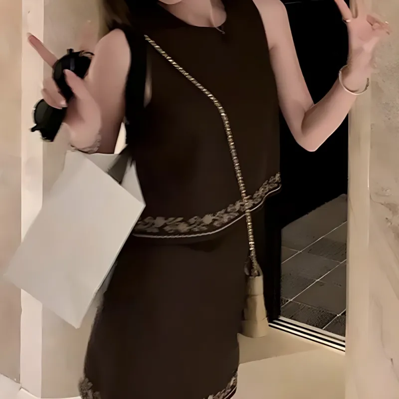 TURN UP Skirt Set Women's Brown Two Piece Set+Bowknot Hair Tie Comes With-4