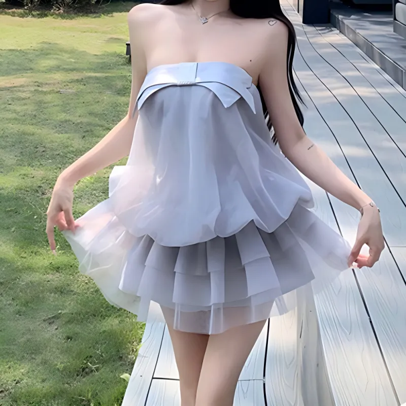 TURN UP Sleeveless Dress Women's Rain Blue+Bowknot Hair Tie Comes With-4