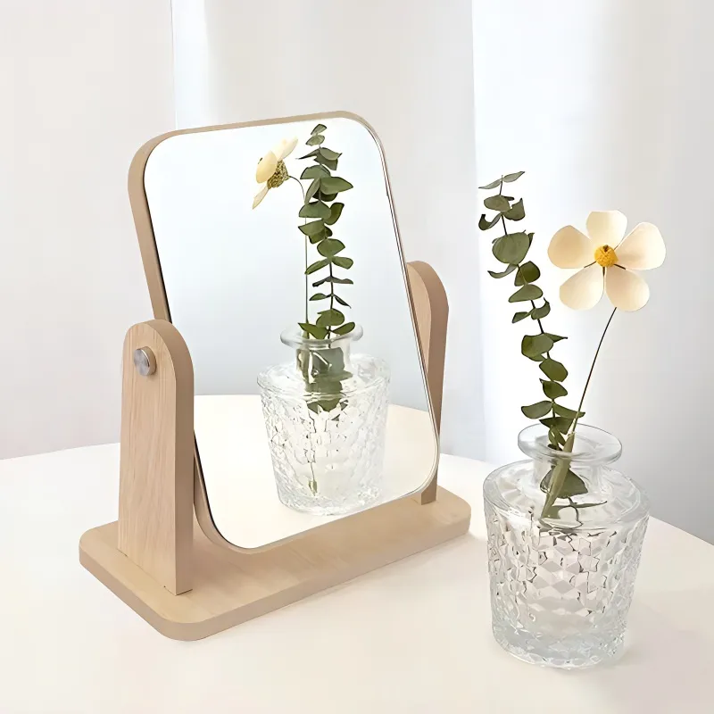 Evening Tang Wooden Vintage Desktop Portable Large Size Make Up Mirrors Rotatable Clear-1