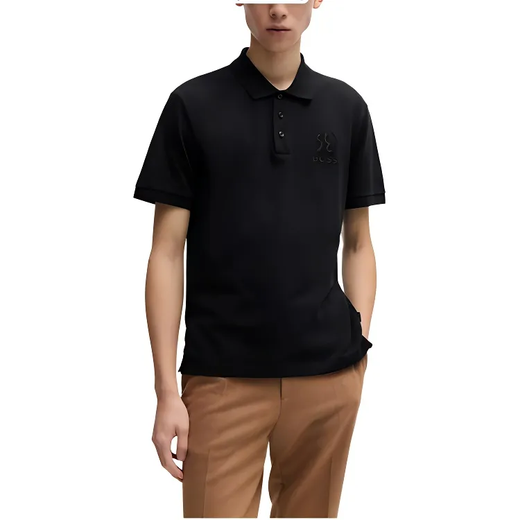 HUGO BOSS FW23 Mercerized Cotton Shirt With Special Artwork Polo Shirt Men's Black-1