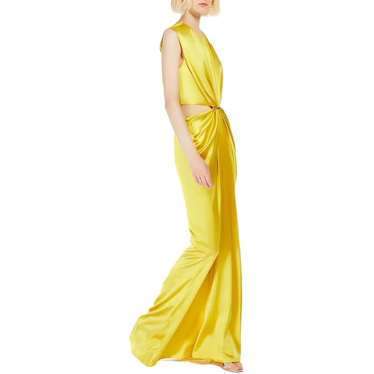 MaxMara Panaro Collection Silk Satin Hourglass Dress Sleeveless Dress Women's Yellow-3