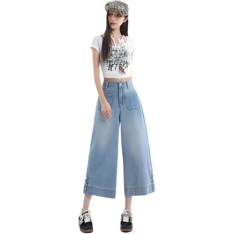 ORANDOR WEAR Jeans Women's Vintage Blue Cropped Pants-4